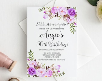 Surprise 50th Birthday Invitation, Any Age Women Birthday Invitation, Floral Purple Womens Birthday Invitation, Purple Birthday, #BW101