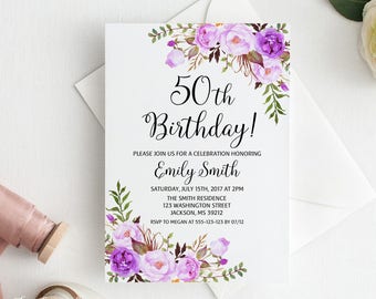 50th Birthday Invitation, Any Age Women Birthday Invitation, Purple Birthday Invitation, #BW101