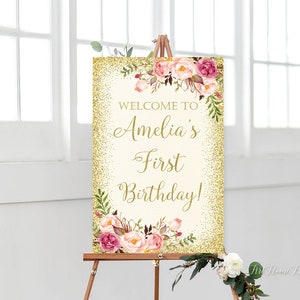 First Birthday Welcome Sign, Pink Gold 1st Birthday Welcome Sign, Ivory Welcome Sign, Printable Welcome Sign, W23