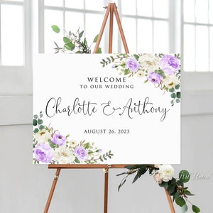 Lavender Wedding Welcome Sign, Purple Wedding Welcome Sign, Purple and White Flowers, Purple Wedding Sign, String Light Wedding, W1263