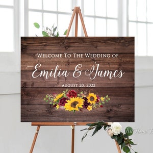 Signo de bienvenida de boda de girasoles, signo de boda de bienvenida rústico, signo de boda de girasoles y rosas de Borgoña, W956