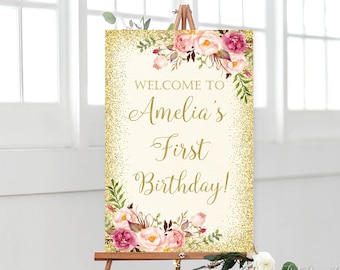 Welkomstbord eerste verjaardag, roze goud welkomstbord 1e verjaardag, ivoor welkomstbord, afdrukbaar welkomstbord, W23