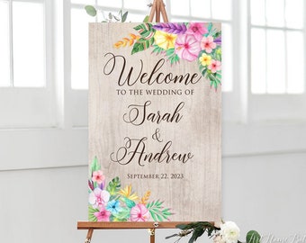 Signo de bienvenida de boda tropical, signo de boda en la playa, bienvenido a nuestro signo de boda, flores tropicales, signo de bienvenida de boda de Hawái, #W1448