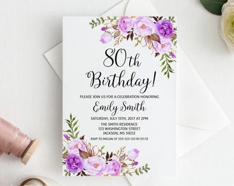 80th Birthday Invitation, Any Age Women Birthday Invitation, Purple Birthday Invitation, Purple Invitation, #BW101