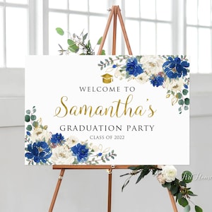 Printed or Digital Blue Gold Floral Graduation Welcome Sign, W1094 - Etsy