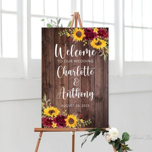 Sunflower Burgundy Wedding Welcome Sign, Rustic Welcome Wedding Sign, Fall Wedding Welcome Sign, Digital file, W1274