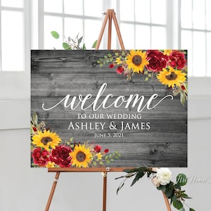 Sunflowers and Red Roses Wedding Welcome Sign, Rustic Gray Wedding Welcome Sign, Welcome To Our Wedding Sign, Landscape Wedding Sign, W1014