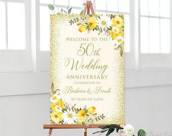 Printed or Digital Daisy and Yellow Roses 50th Anniversary Welcome Sign, W1435-1
