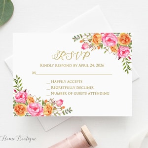 Carte RSVP orange fuchsia, carte RSVP d'anniversaire florale, insert de mariage, cartes supplémentaires, fichier numérique, W58