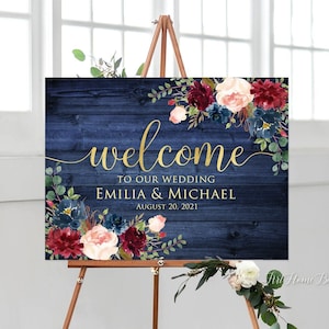 Rustic Welcome Wedding Sign, Welcome To Our Wedding Sign, Burgundy and Navy Wedding, Horizontal, Landscape, Marsala Blue Gold, W987