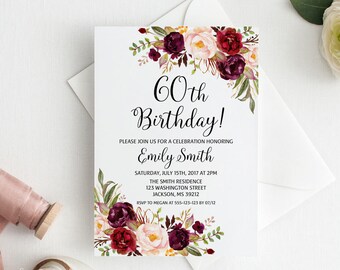 60th Birthday Invitation, Any Age Women Birthday Invitation, Marsala Birthday Invitation, Burgundy Birthday Invitation, #BW100