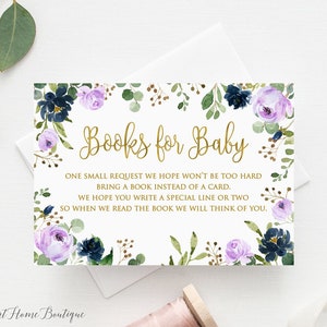 Marineblauw lavendel breng een boek mee in plaats van een kaart, paars breng een boek babyshower invoegen, lavendel boek verzoekkaart, INSTANT DOWNLOAD, W910