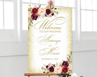 Burgundy and Gold Wedding Welcome Sign, Welcome To Our Wedding Sign, Large Welcome Sign, Burgundy Welcome Sign, Printable Welcome Sign W1227