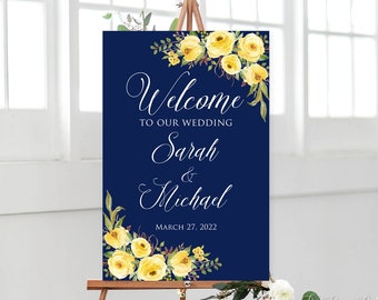 Navy Yellow Wedding Welcome Sign, Blue Welcome Wedding Sign, Welcome To Our Wedding Sign, Floral Welcome Sign, Digital file, W1192