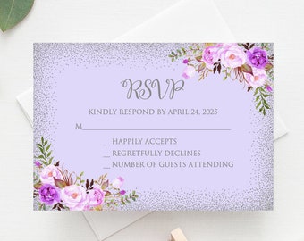 May include: Purple and white floral RSVP card with a silver glitter background. The text reads "RSVP" and "Kindly respond by April 24, 2025".
