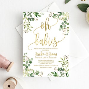 Greenery Baby Shower Invitation, Oh Babies Invitation, Gold Baby Shower Invite, Calligraphy Invitation, Twins Baby Shower Invitation, BS33