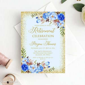 Retirement Party Invitation, Blue Gold retirement Invitation, Retirement Celebration Invitation, Digital File, W548