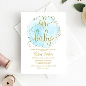 Oh Baby Invitation, Baby Shower Invitation, Watercolor Baby Shower Invitation, Blue Gold Baby Shower, Calligraphy Invite, BS054