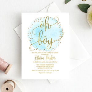 Oh Boy Invitation, Baby Shower Invitation, Watercolor Baby Shower Invitation, Blue Gold Baby Shower, Calligraphy Invite, BS054