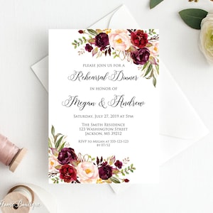 Rehearsal Dinner Invitation, Floral Rehearsal Party Invite, Printable, Burgundy Rehearsal Dinner Invitation, W489