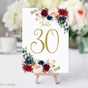 Burgundy Navy Wedding Table Numbers, 5x7&quot; and 4x6&quot; Floral Table Numbers, Birthday Table Numbers, Marsala Table Numbers, Digital, W386