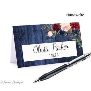 Rustic Navy Place Card, Food Tents, Name Card, Burgundy Seating Card, Instant Download, Digital File, W863