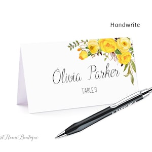 Yellow Place Cards, Food Tents, Name Card, Seating Card, Floral Yellow Wedding Place Cards, Bridal Shower Place Cards, W1195