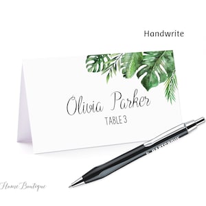 Tarjeta de lugar tropical, carpas de comida, tarjetas de lugar para bodas con palmeras, tarjeta de nombre con vegetación, tarjetas de lugar con vegetación, archivo digital, W1295