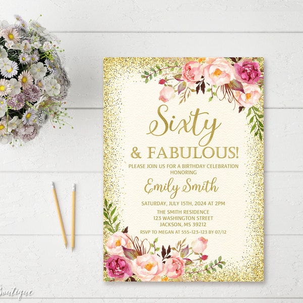 60th Birthday Invitation, Any Age, Women Birthday Invitation, Floral Ivory and Gold Women Birthday Invitation, Boho Birthday Invite, W23