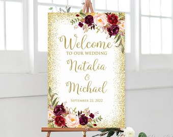 Burgundy Gold Wedding Welcome Sign, Welcome To Our Wedding Sign, Burgundy Welcome Sign, Printable Sign, W1229