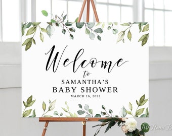 Botanical Baby Shower Welcome Sign, Greenery Welcome Baby Shower Sign, Eucalyptus Baby Shower, Landscape, Digital file, W1080-2