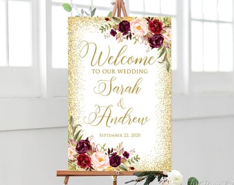 Welcome Wedding Sign, Burgundy Welcome Wedding Sign, Burgundy, Marsala, Gold, W747