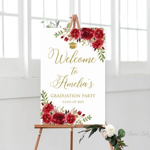 Red and Gold Graduation Party Welcome Sign, Floral Graduation Welcome Sign, Large Welcome Sign, Grad Party Sign, Digital File, W1421-1