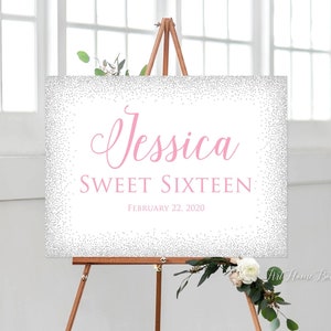 Sweet Sixteen Welcome Sign, Sweet 16 Birthday Welcome Sign, Silver and Pink Welcome Sign, Landscape, W838