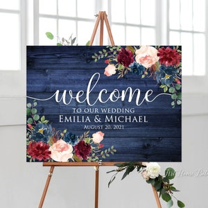 Willkommensschild für Hochzeiten in Marineblau und Burgunderrot, rustikales Blumenmuster, W863, digitale Datei