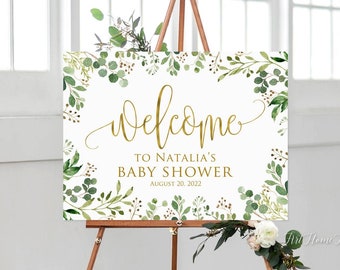 Greenery Baby Shower Welcome Sign, Calligraphy Welcome to Baby Shower Sign, Eucalyptus Baby Shower, Landscape, Gold, Digital file, BS33-1