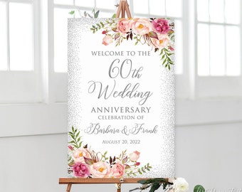 Printed or Digital 60th Wedding Anniversary Welcome Sign, Diamond Anniversary Poster, W279-1