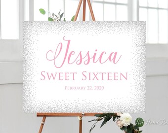Sweet Sixteen Welcome Sign, Sweet 16 Birthday Welcome Sign, Silver and Pink Welcome Sign, Landscape, W838