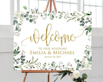 Printable Green and Gold Wedding Welcome Sign Green Leaf & Gold Flower ...