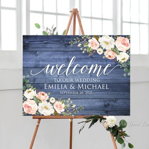 Rustic Dusty Blue Wedding Welcome Sign, Welcome To Our Wedding Sign, Blue and Blush Wedding Sign, Horizontal, Landscape, W977