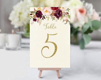 Wedding Table Numbers, Floral Table Numbers, Birthday Table Numbers, Ivory and Burgundy Flowers, Printable Table Numbers, W39