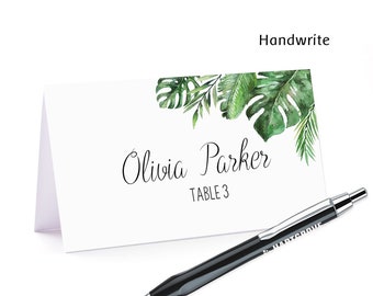 Tropical Place Card, Food Tents, Palm Wedding Place Cards, Greenery Name Card, Greenery Place Cards, Digital File, W1295