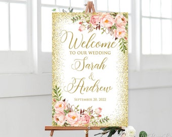 Blush and Gold Wedding Welcome Sign, Blush Pink Floral Welcome Wedding Sign, Digital Filed, W1236