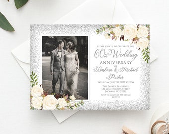 60th Anniversary Invitation, Silver Anniversary Invitation, Photo Wedding Anniversary Invitation, Invitation with Photo, W598-2