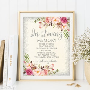 In Loving Memory Wedding Sign, Memorial Table Sign, Floral Wedding Sign, Ivory Silver Memorial Sign, Printable, W93