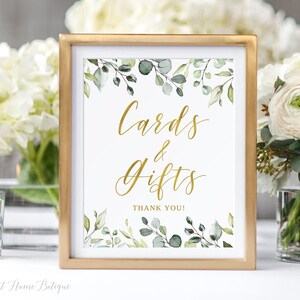 Bord botanische kaarten en cadeaus, bord bord groen kaarten en cadeaus, bord cadeau tafel, bord trouwkaarten en cadeaus, bord eucalyptus, W1167