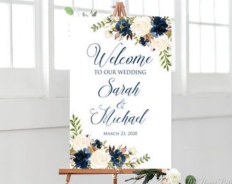 Wedding Welcome Sign, Navy Wedding Sign, Welcome To Our Wedding Sign, White and Navy Flowers, Printable Sign, Digital File W780