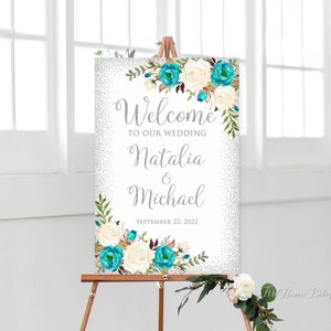 Turquoise Silver Wedding Welcome Sign, Teal Silver Wedding Sign, Teal Wedding Welcome Sign, Digital file, W1298