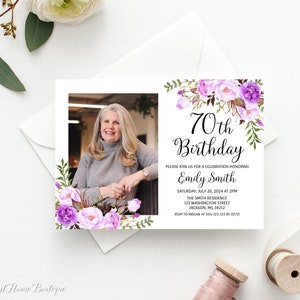Purple Birthday Invitation, Photo Birthday Invitation, Purple Flowers, Birthday Invitation with Photo, BW101-2