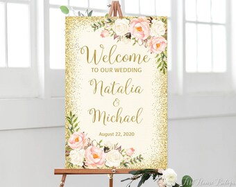 Ivory Welcome Wedding Sign, Blush Pink Floral Welcome Wedding Sign, Gold and Blush Wedding Sign, W751